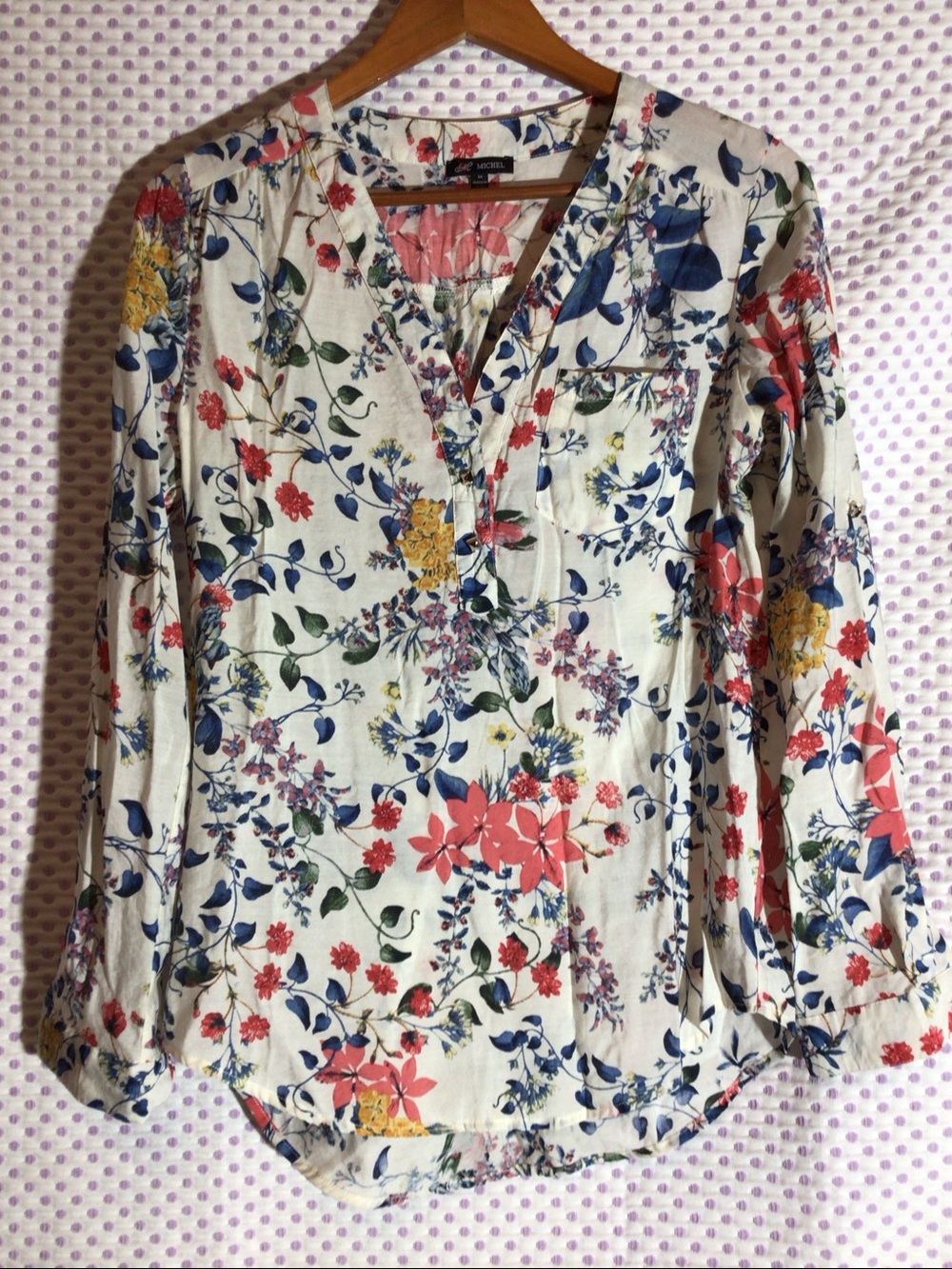 Michel Cream Floral Button-Front Blouse with Coral, Blue & Yellow Accents